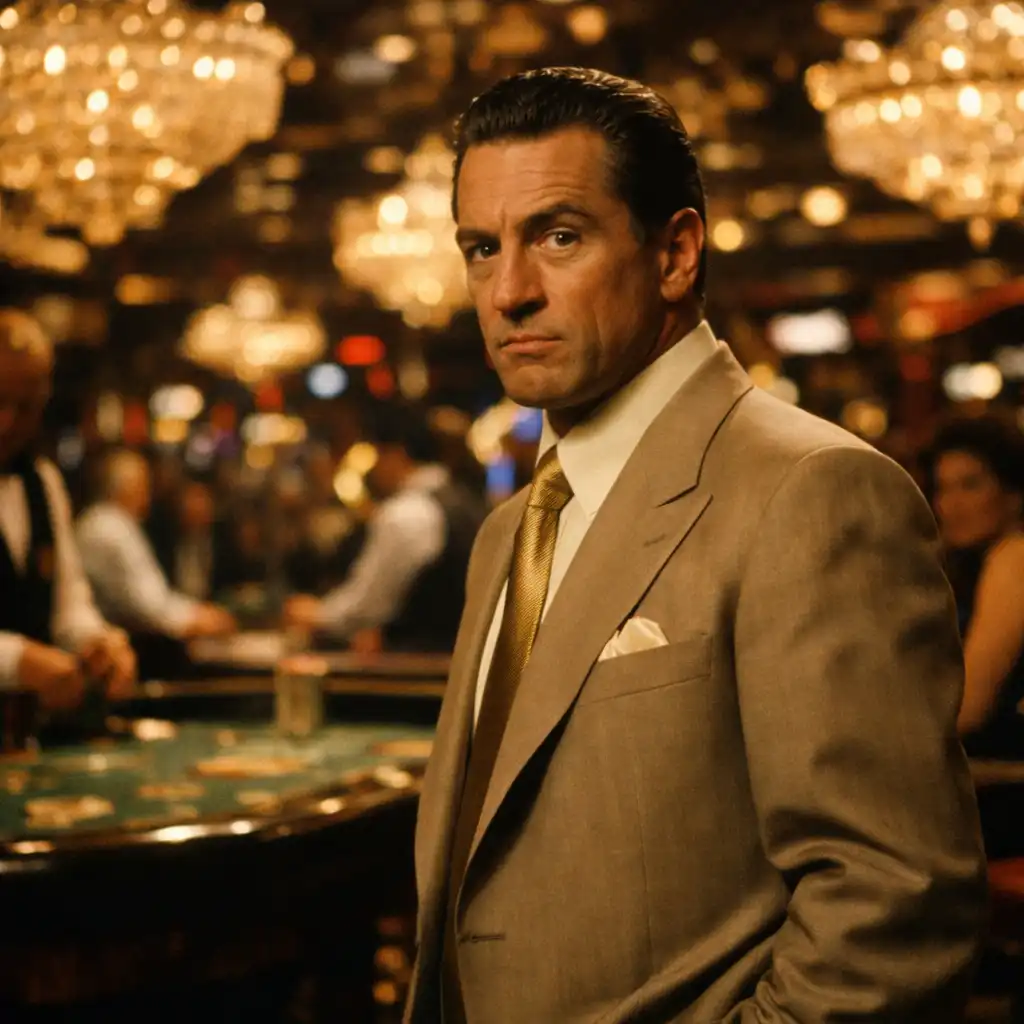 Kadr z filmu Casino (1995): Robert De Niro jako Sam 'Ace' Rothstein w eleganckim kasynie