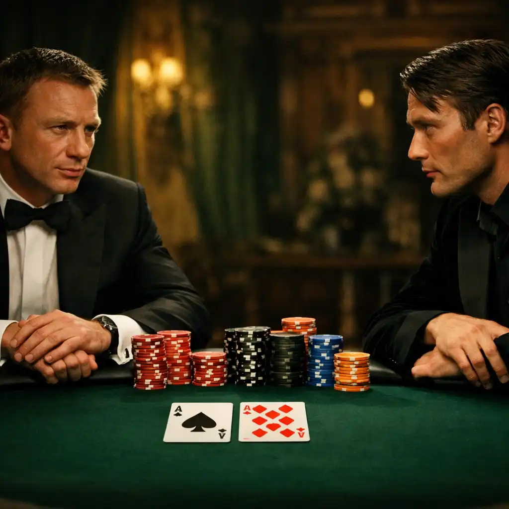 James Bond i Le Chiffre przy stole pokerowym w scenie z filmu Casino Royale