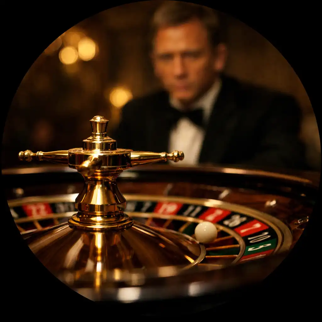 Koło ruletki w eleganckim kasynie, w tle James Bond grany przez Daniela Craiga