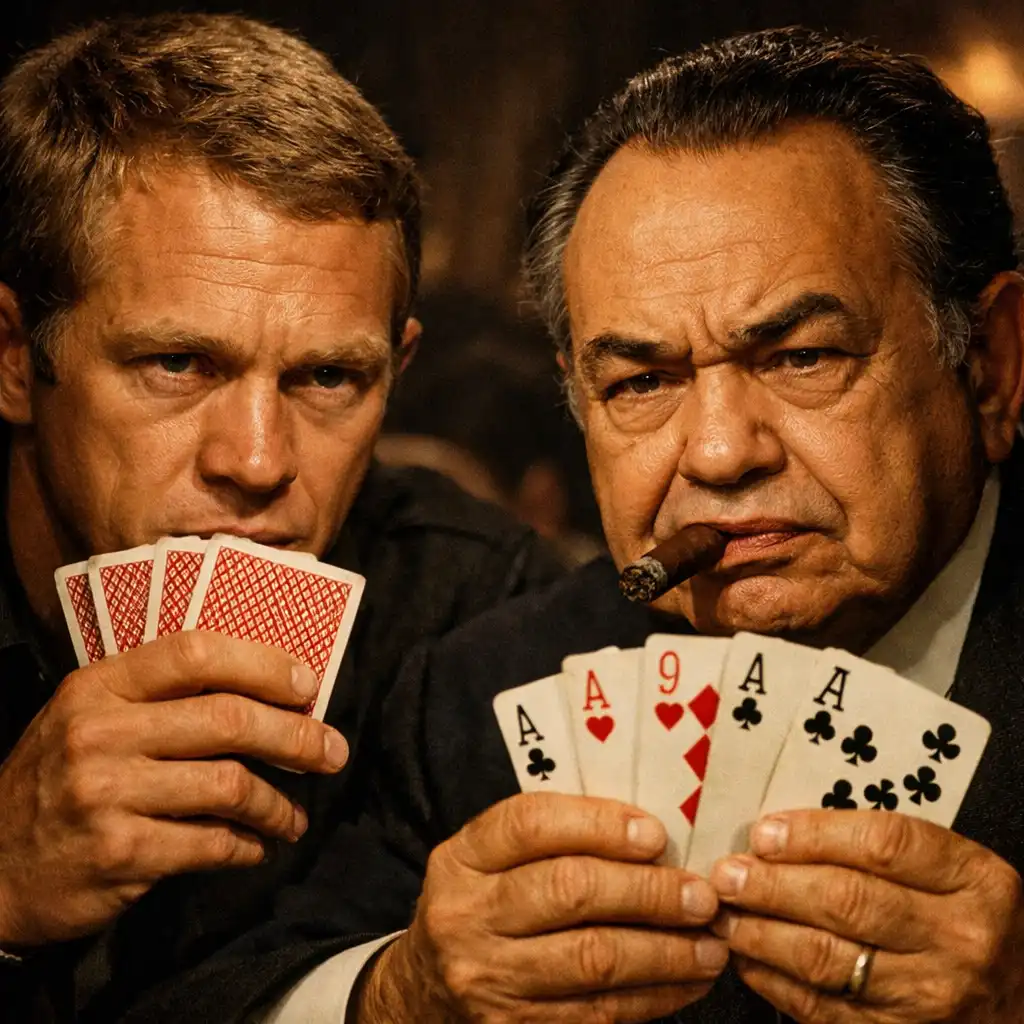 Kadr z filmu The Cincinnati Kid (1965): Steve McQueen i Edward G. Robinson w pojedynku pokerowym
